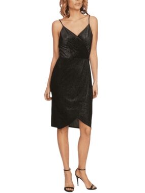 CeCe Metallic Gold Stripe LBD Faux Wrap Disco Glam Spaghetti Strap Dress Size 6